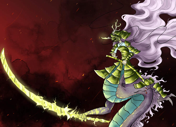 Un semidragon portando una armadura dorada junto a una gran espada fulgurante.