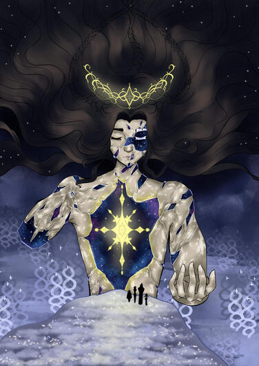 Un dios quebrado y grandioso mostrandose ante los heroes de la historia, este dios porta una tiara dorada y una espada, del mismo dorado, clavada en su pecho.